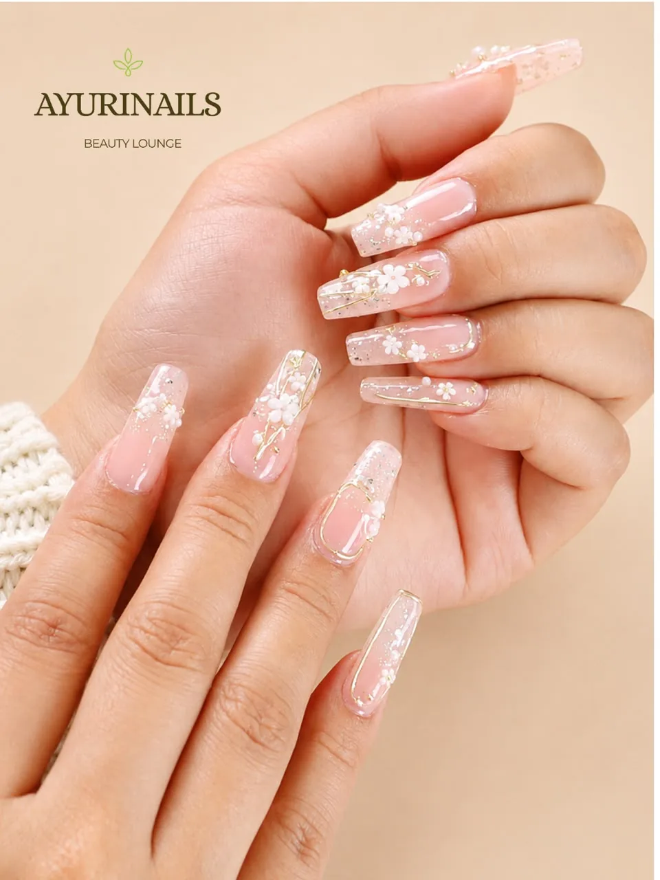 sheer pink coffin nails with 3D floral nail art, Poblacion Makati